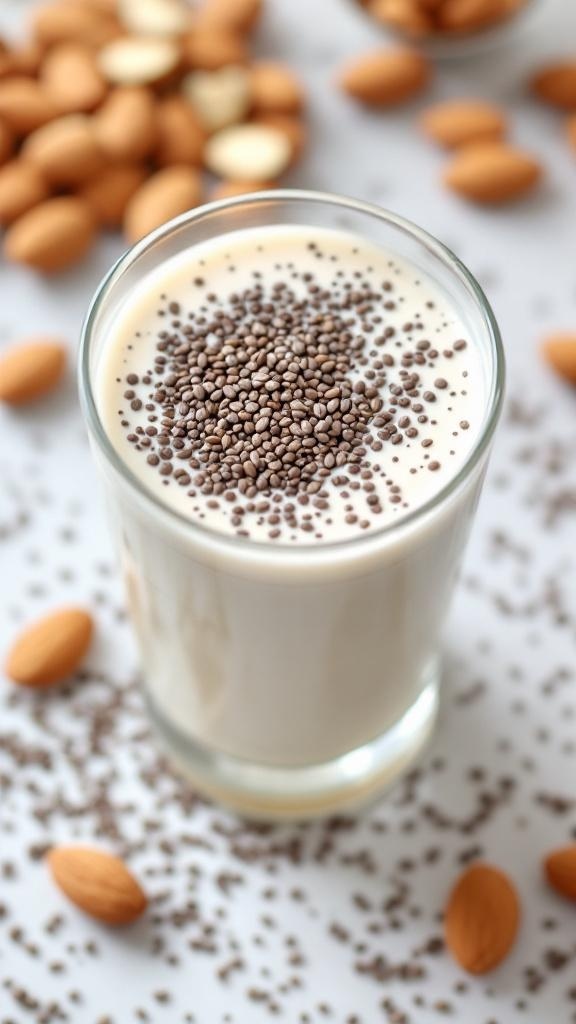 A glass of Nutty Almond Milk and Chia Drink topped with chia seeds, surrounded by almonds.