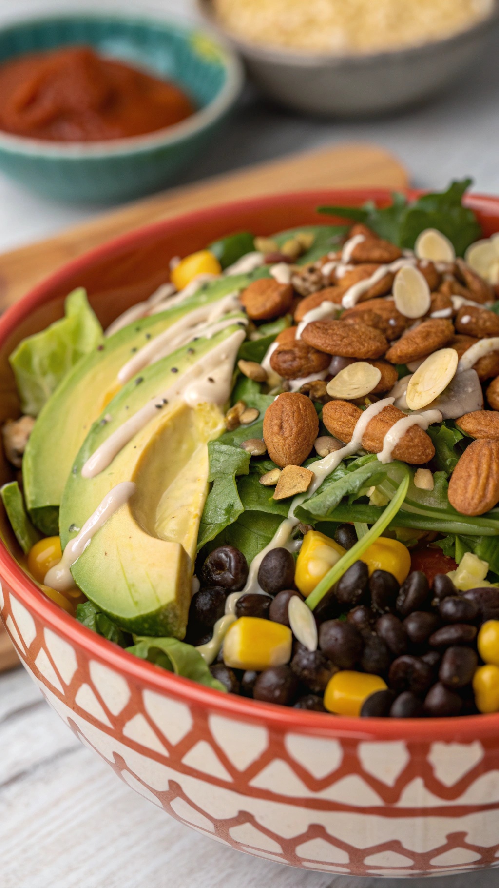 A colorful vegan taco salad with mixed greens, black beans, corn, avocado slices, and topped with almonds and sunflower seeds.