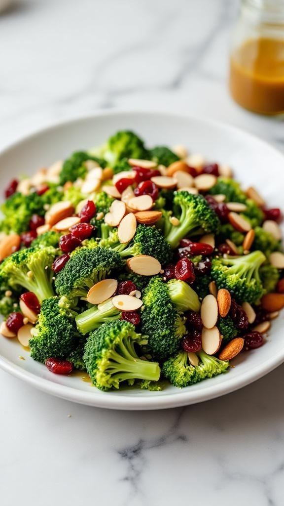 A vibrant broccoli salad topped with sliced almonds and dried cranberries on a white plate.
