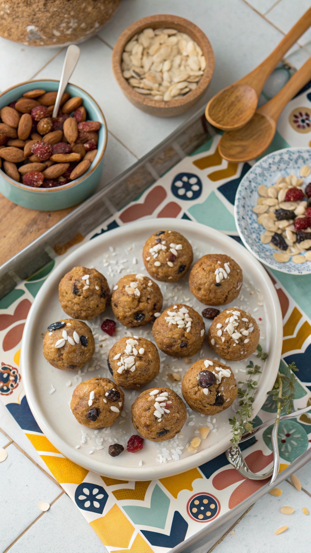 A plate of nutty and fruity energy bites, surrounded by bowls of nuts and seeds.