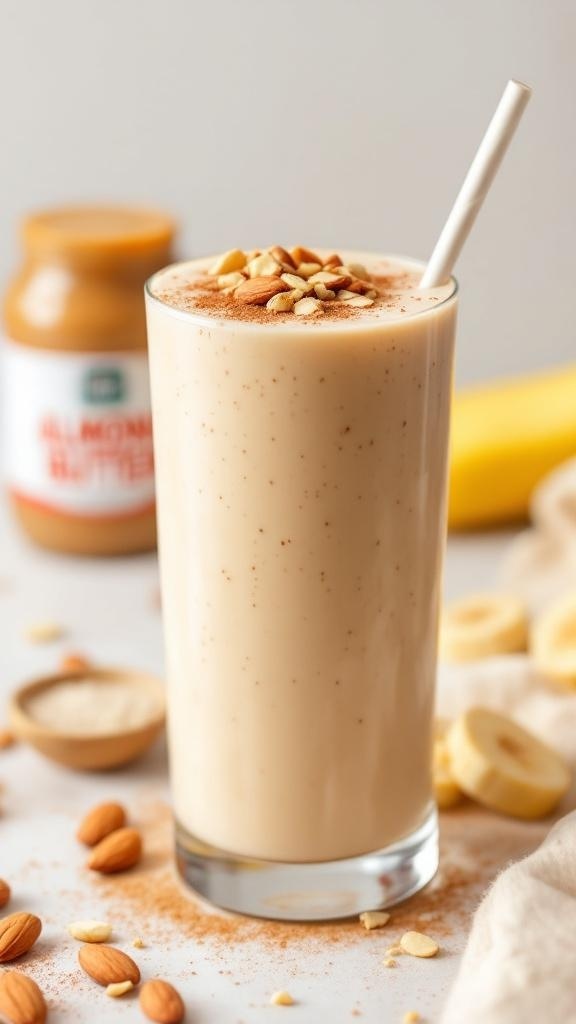 A creamy almond butter smoothie topped with chopped almonds, with a jar of almond butter and banana in the background.