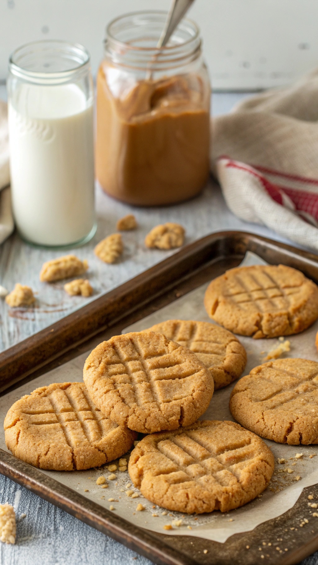 Nutty and sweet low-carb peanut butter cookies on a baking tray with a jar of peanut butter and a glass of milk.