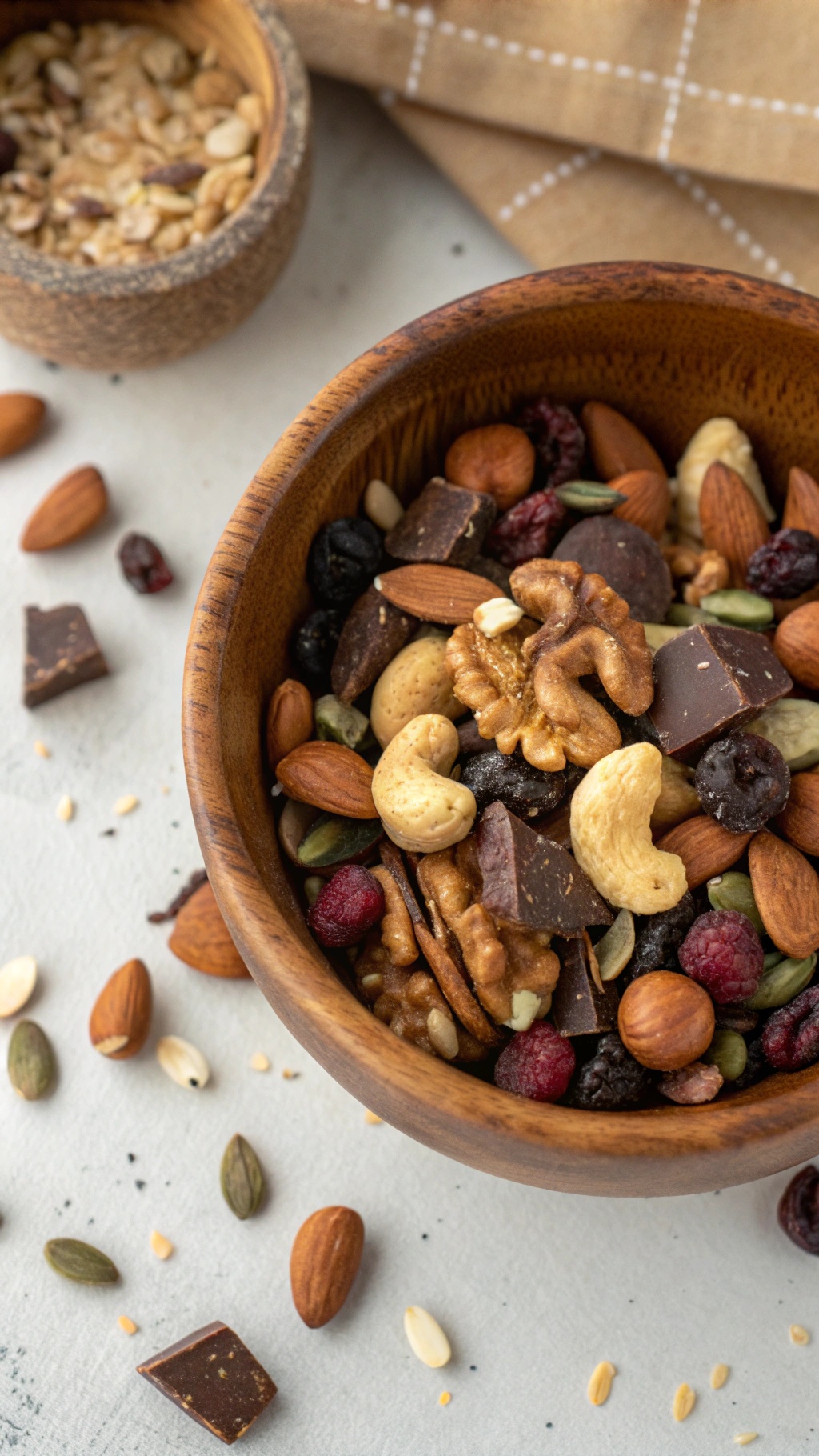 A wooden bowl filled with a colorful assortment of nuts, seeds, and dried fruits, including almonds, cashews, walnuts, and dark chocolate.