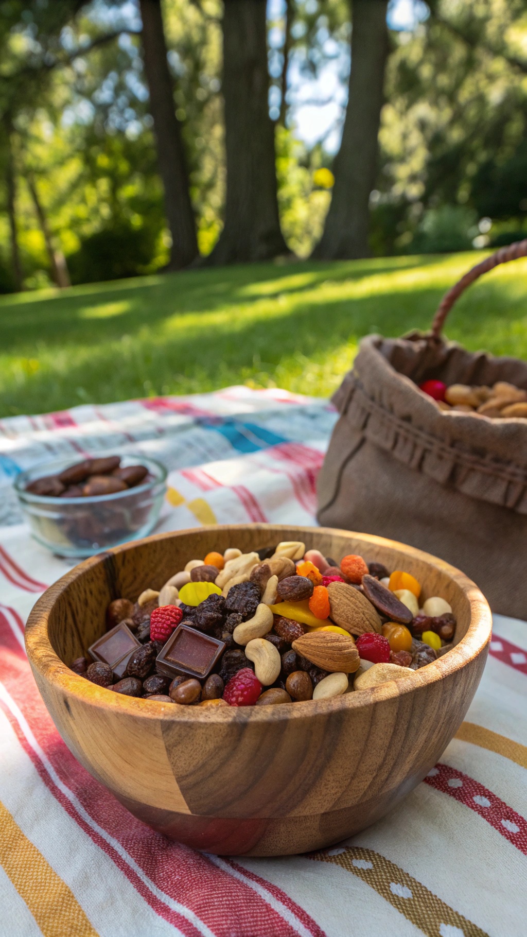 A wooden bowl filled with a colorful trail mix of nuts, dried fruits, and chocolate pieces, set on a picnic blanket.