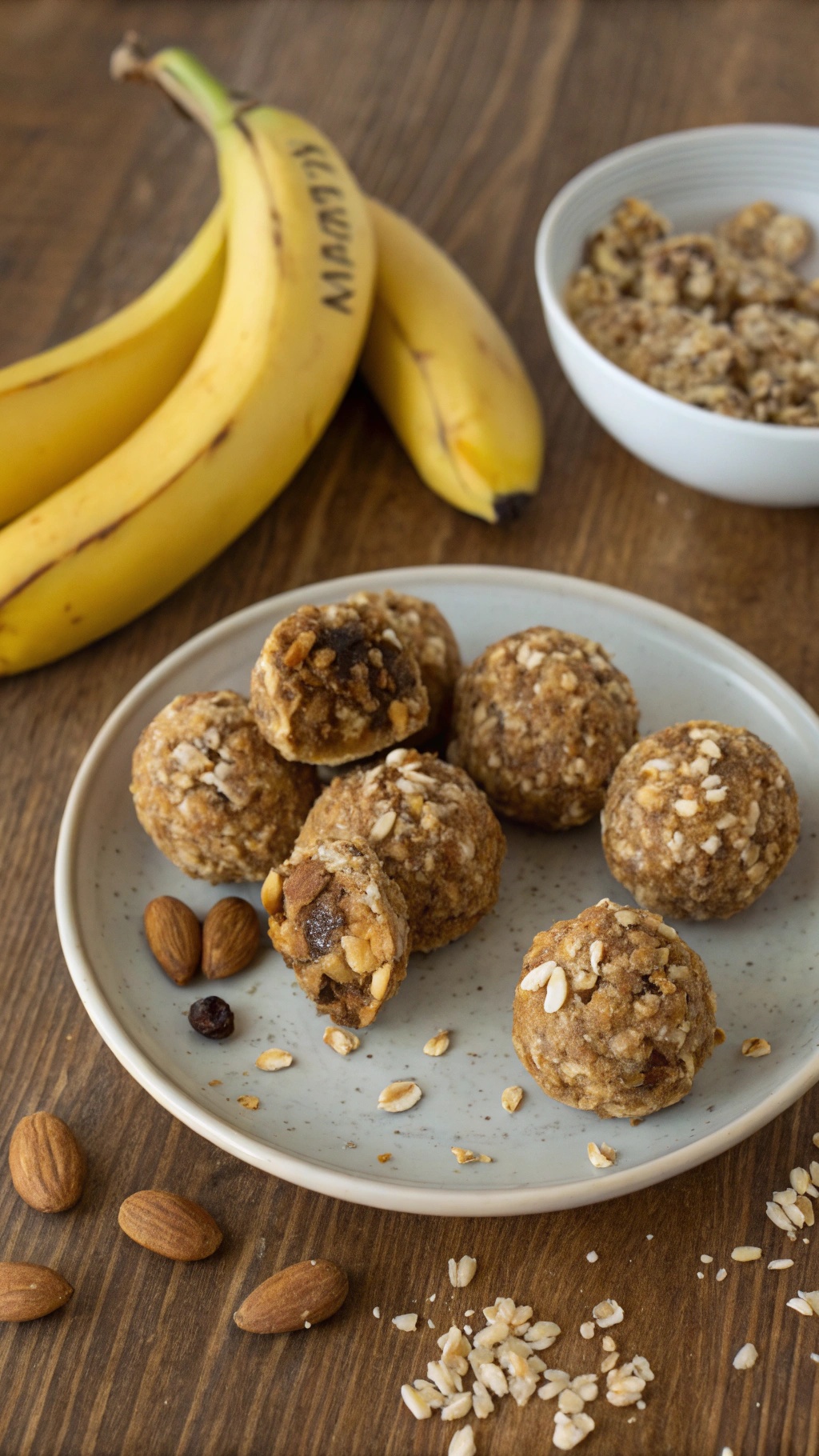 Nutty Banana Energy Bites on a plate with fresh bananas and almonds