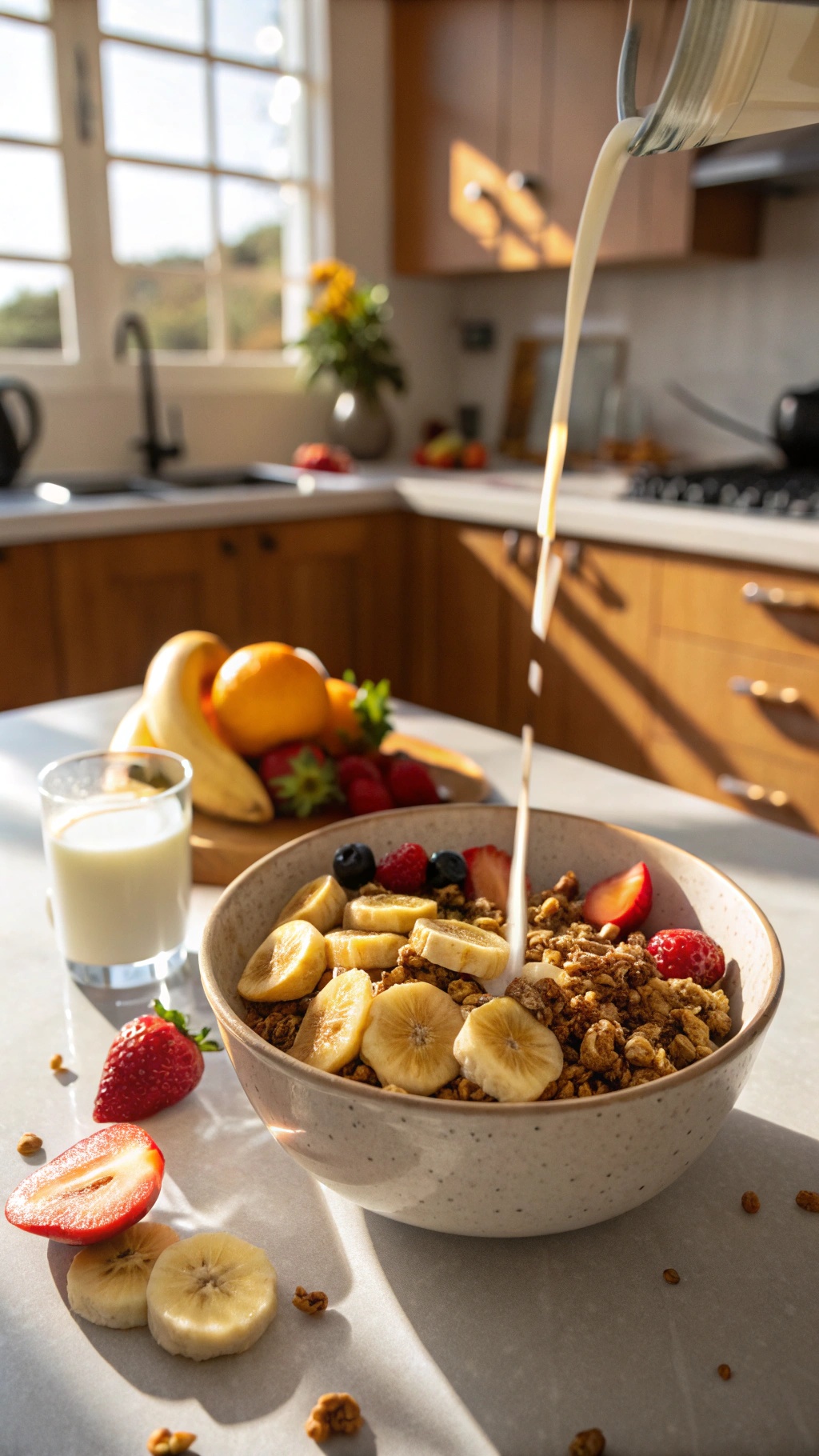 A bowl of nutty banana granola topped with banana slices, strawberries, and blueberries, with milk being poured in.