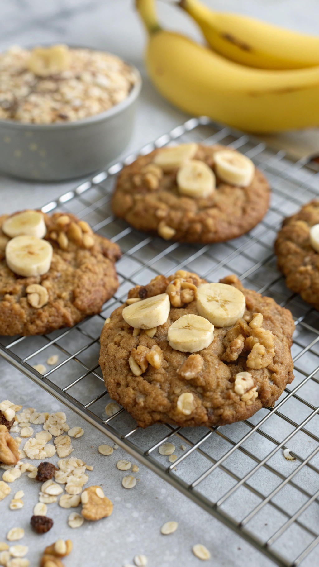 Nutty banana oatmeal cookies on a cooling rack with bananas and oats in the background.