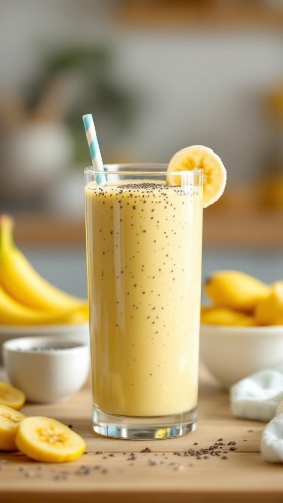 A refreshing nutty banana protein smoothie in a tall glass with a straw, surrounded by bananas and chia seeds.