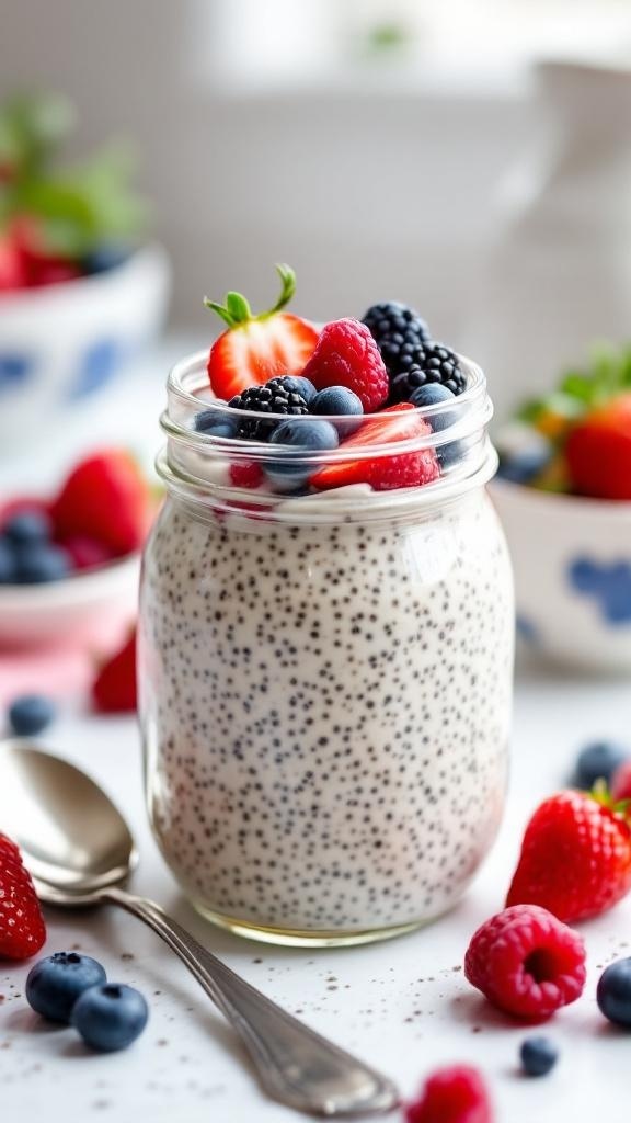 A jar of chia seed pudding topped with fresh berries and nuts.