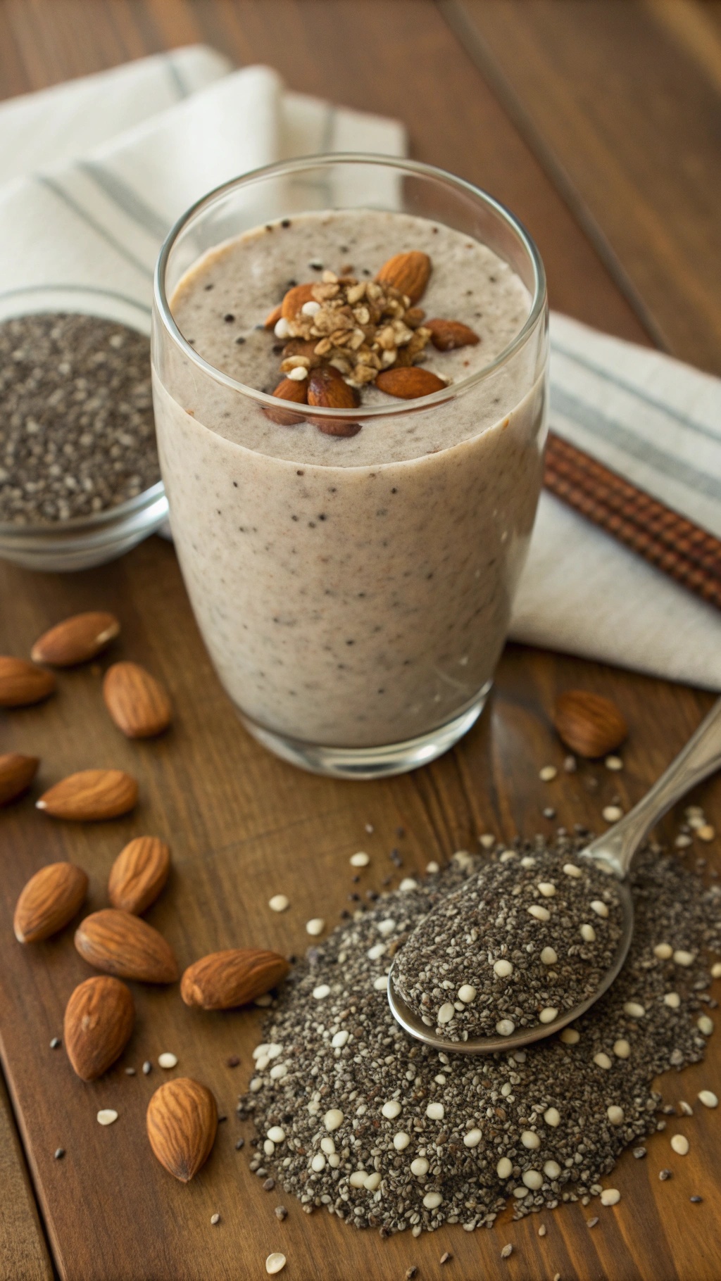 A glass of Nutty Chia Seed Smoothie topped with almonds and chia seeds on a wooden table.