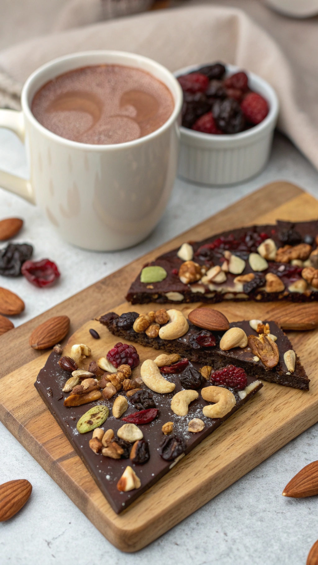Chocolate nut bark topped with nuts and dried fruits, served with a cup of hot chocolate.
