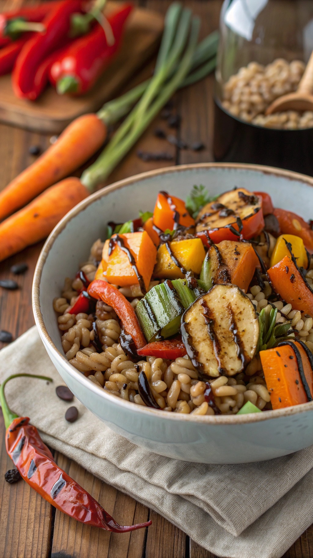 A bowl of Nutty Farro Pasta with Roasted Vegetables, featuring colorful veggies and a balsamic drizzle.