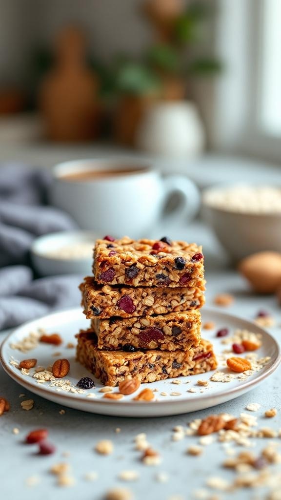 Nutty granola bars stacked on a plate with scattered oats and nuts around them.