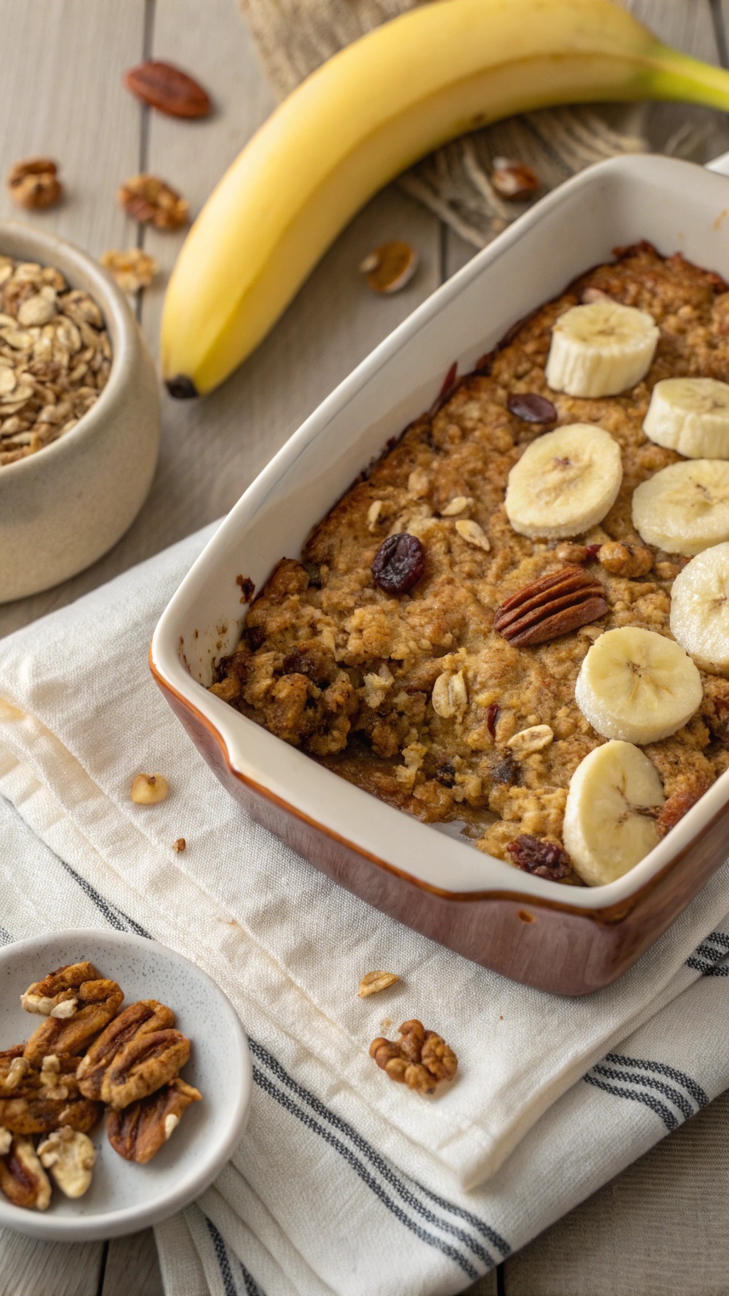 Nutty oatmeal and banana casserole topped with sliced bananas and nuts, served with a side of nuts and a banana.