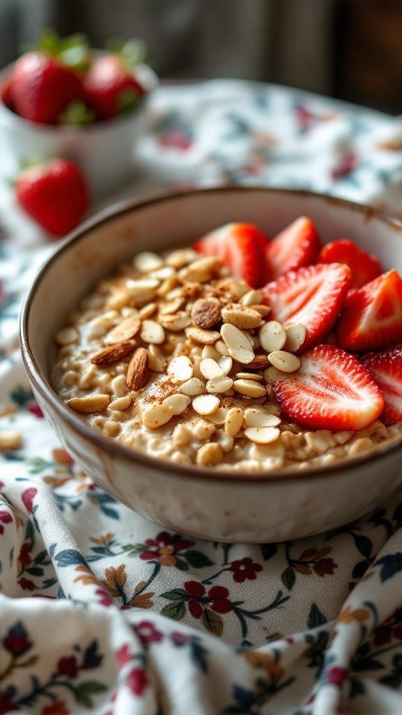 A bowl of nutty oatmeal topped with sliced strawberries and almonds, placed on a floral patterned cloth.