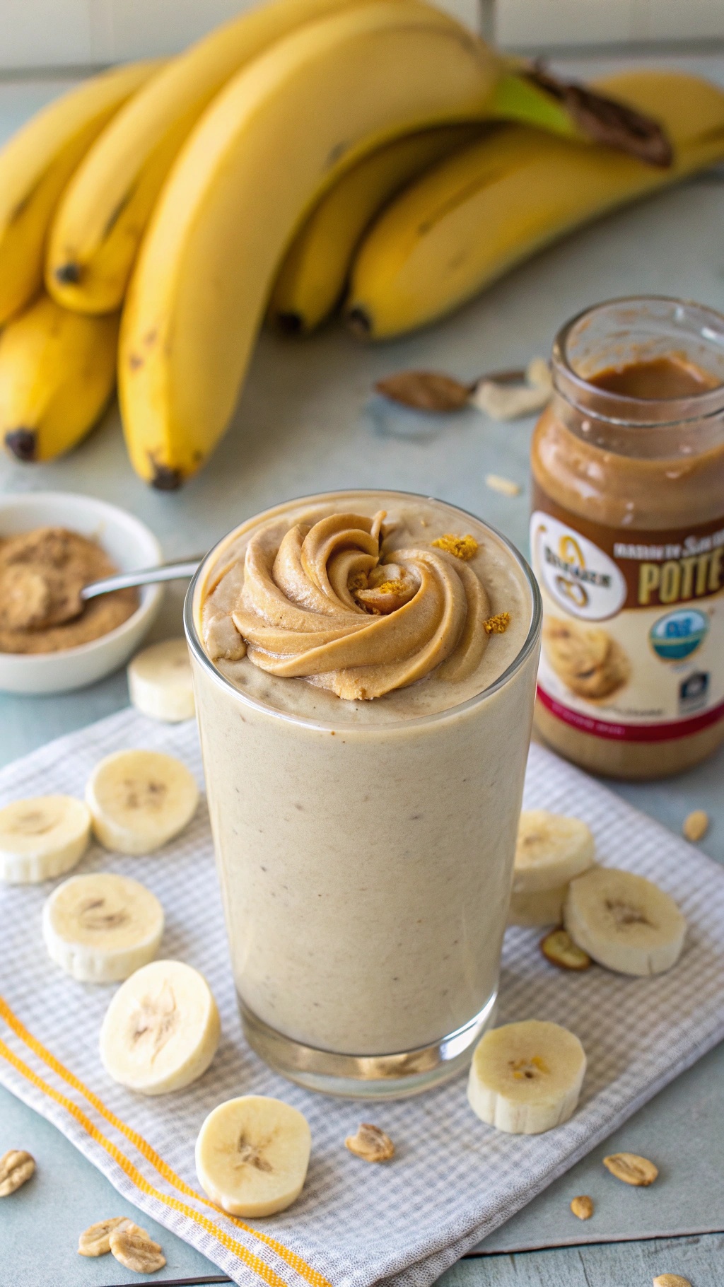 A creamy peanut butter banana shake topped with peanut butter, surrounded by banana slices and a jar of peanut butter.