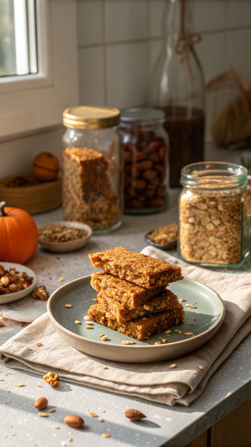 Nutty pumpkin granola bars stacked on a plate with a small pumpkin and jars of nuts in the background.