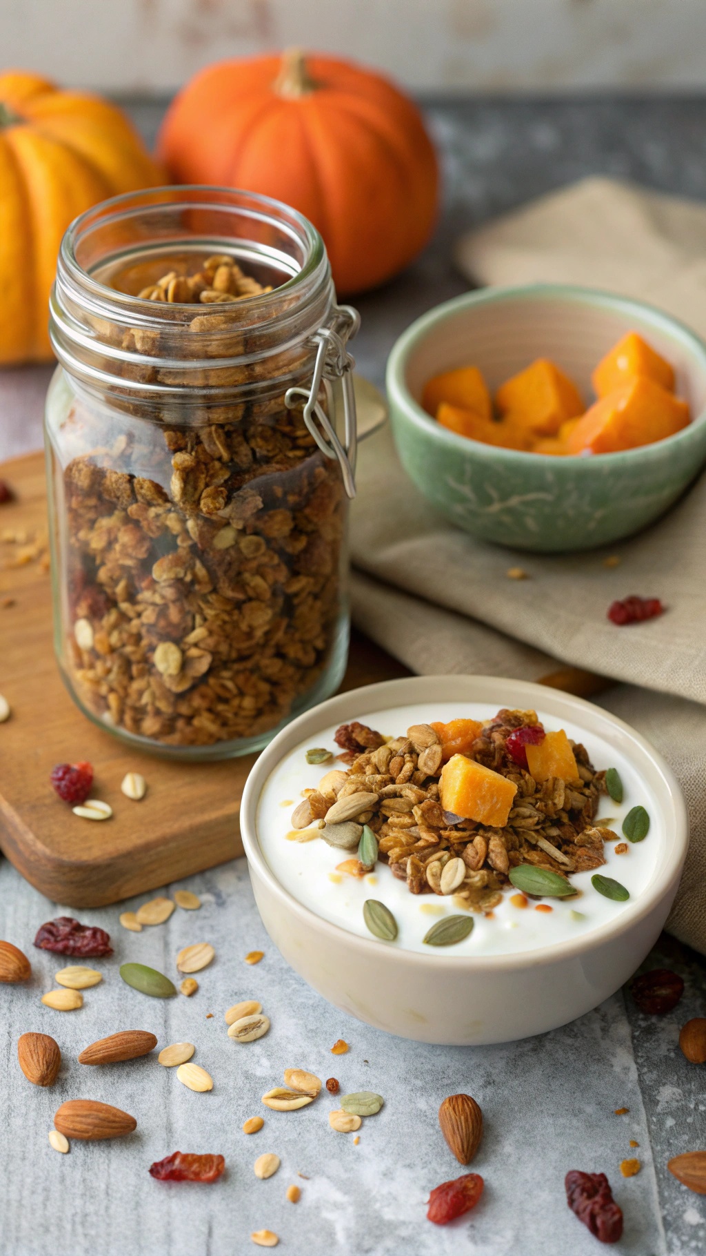 A jar of nutty pumpkin granola next to a bowl of yogurt topped with granola and pumpkin, with pumpkins in the background.