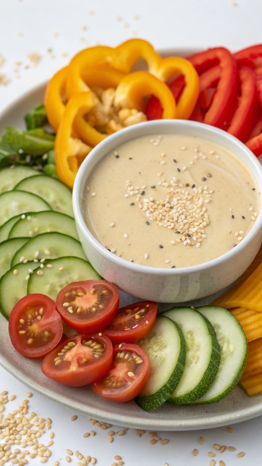 A bowl of tahini dressing surrounded by fresh vegetables like cucumbers, tomatoes, and bell peppers.