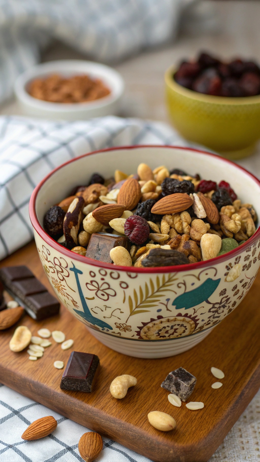 A colorful bowl of nutty trail mix with almonds, cashews, walnuts, and dried fruits.