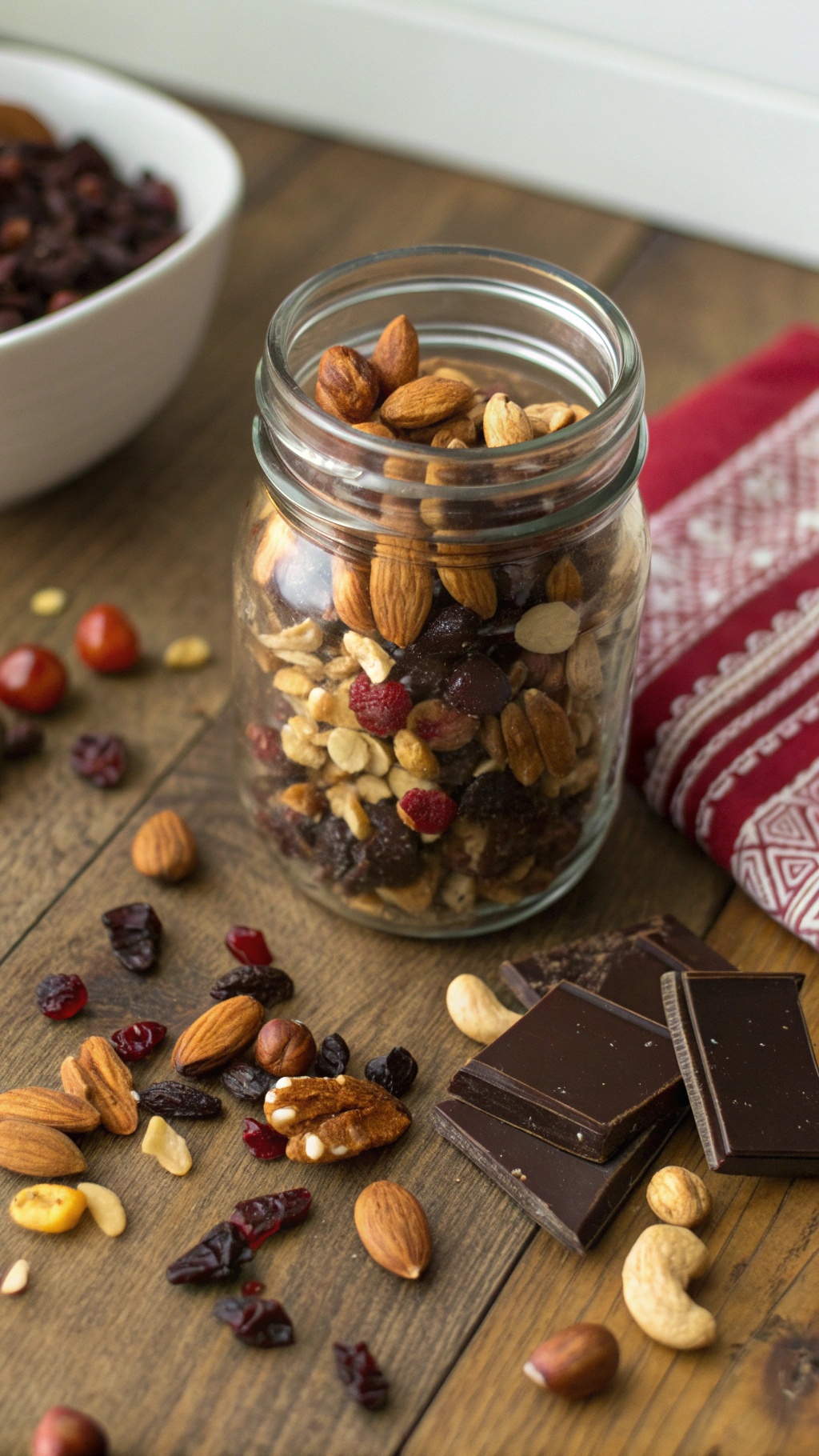 A jar filled with nutty trail mix, including almonds, cashews, pecans, dried cranberries, and chocolate pieces, on a wooden surface.