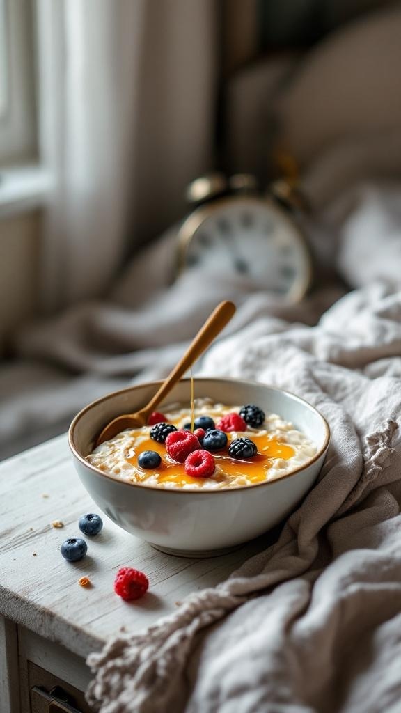 A bowl of oatmeal topped with berries and honey, with an alarm clock in the background.