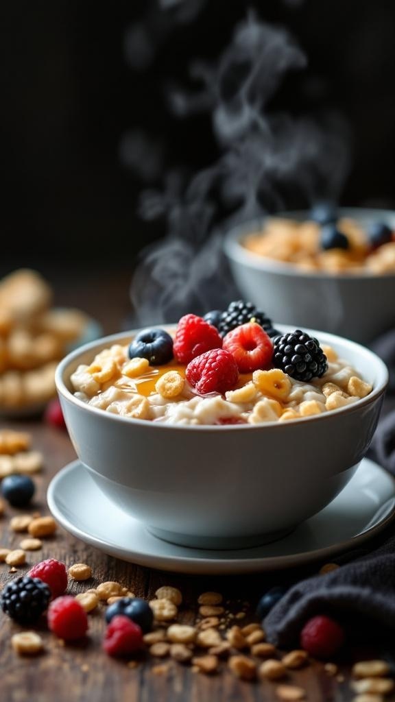 A bowl of oatmeal topped with fresh berries and a sprinkle of cereal, steaming and inviting.