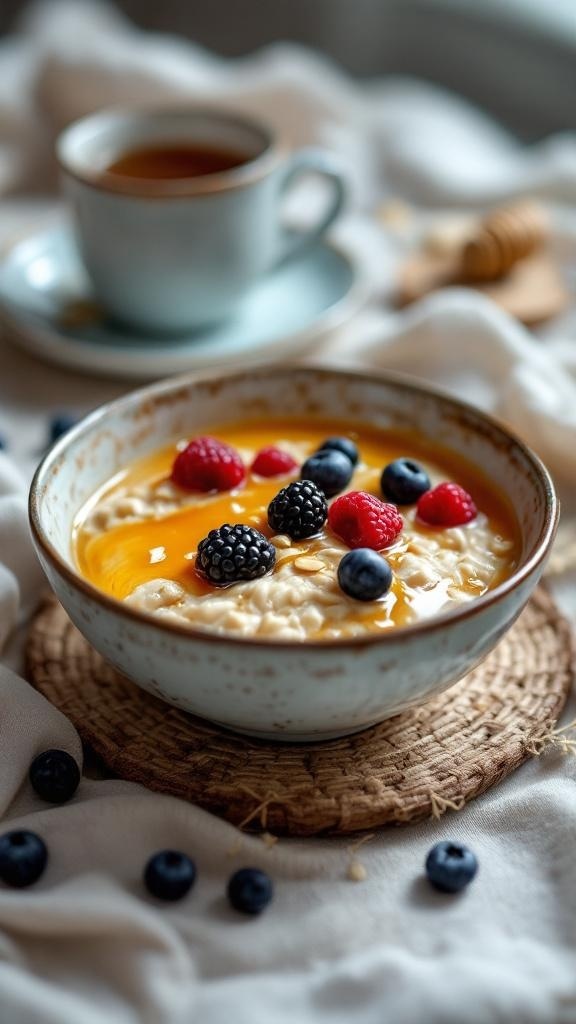A bowl of oatmeal topped with berries and honey, with a cup of tea in the background.
