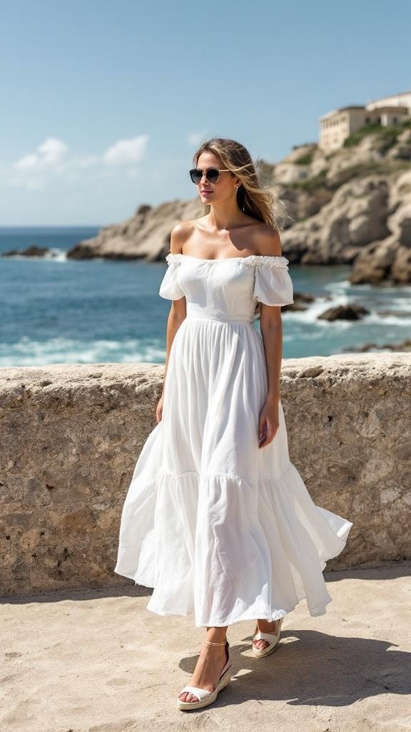 A woman wearing an off-shoulder white midi dress and espadrilles, standing by the beach.