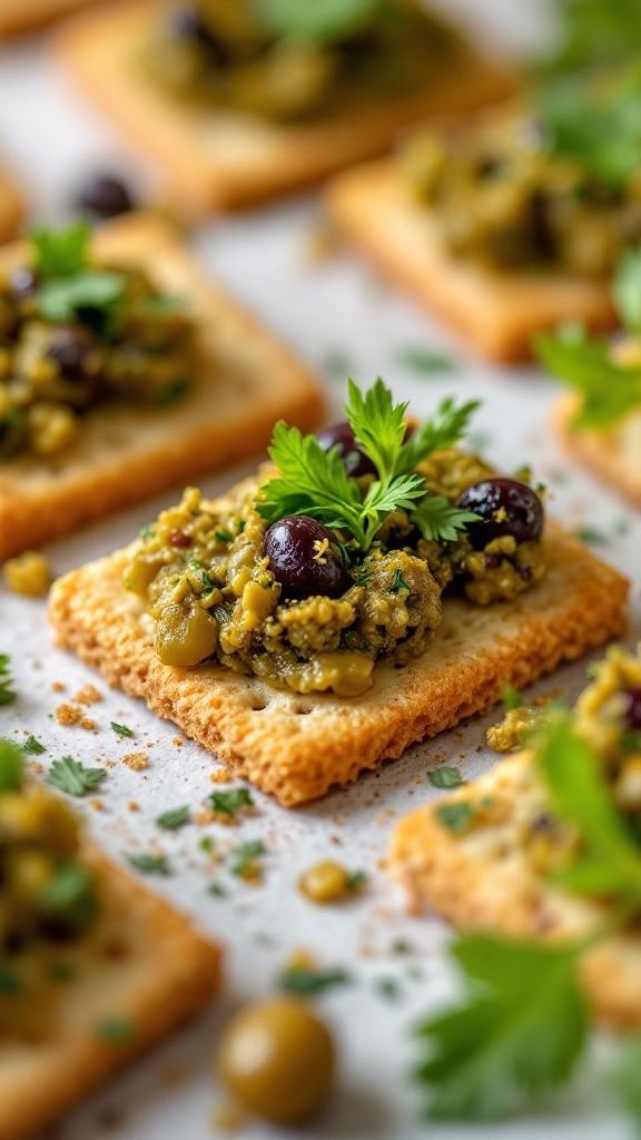 Olive tapenade spread on whole grain crackers, garnished with herbs.