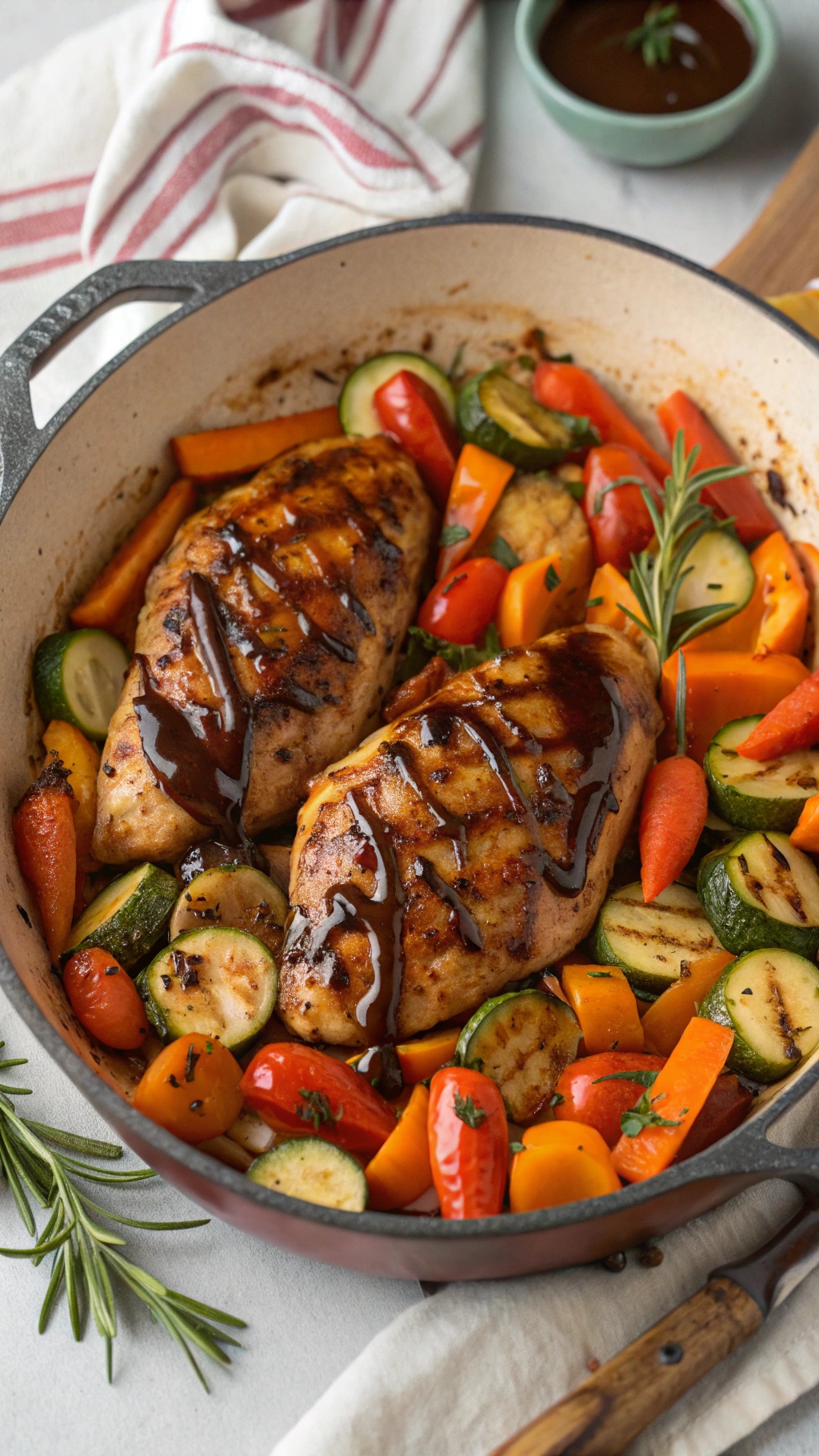 One-Pan Balsamic Chicken with colorful vegetables in a skillet.