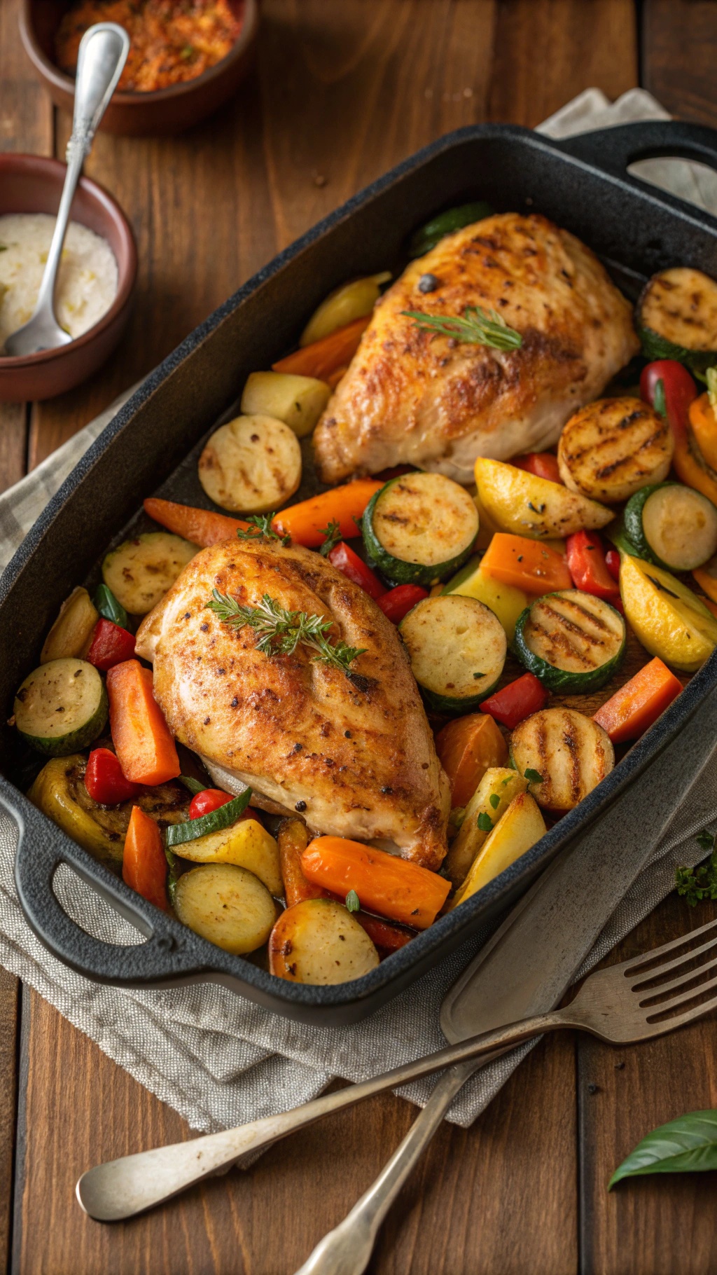 A one-pan chicken and veggie bake with grilled chicken breasts and colorful vegetables.