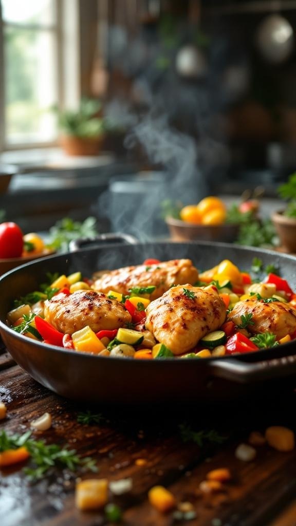 One-pan chicken thighs with colorful vegetables in a skillet, steaming and ready to eat.
