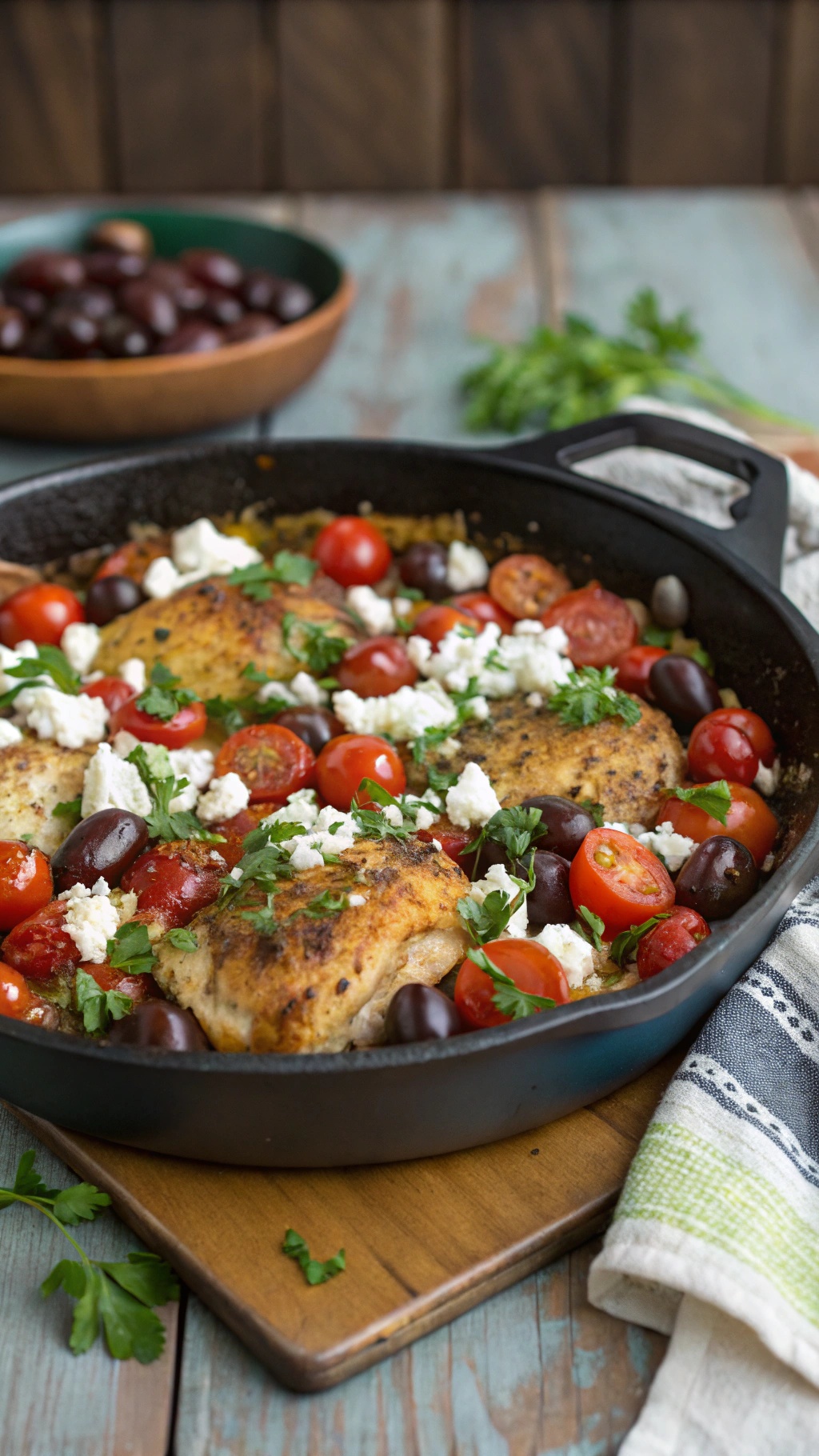A one-pan Greek chicken dish with olives, cherry tomatoes, and feta cheese, garnished with parsley.