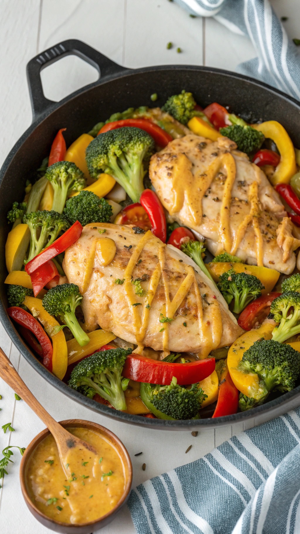 One-Pan Honey Mustard Chicken and Veggies with broccoli and bell peppers