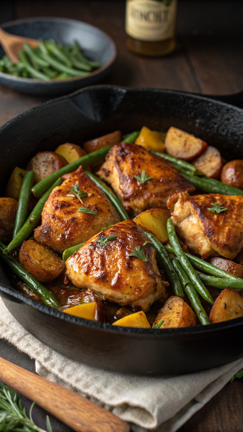 A delicious one-pan honey mustard chicken dish with green beans and roasted potatoes.