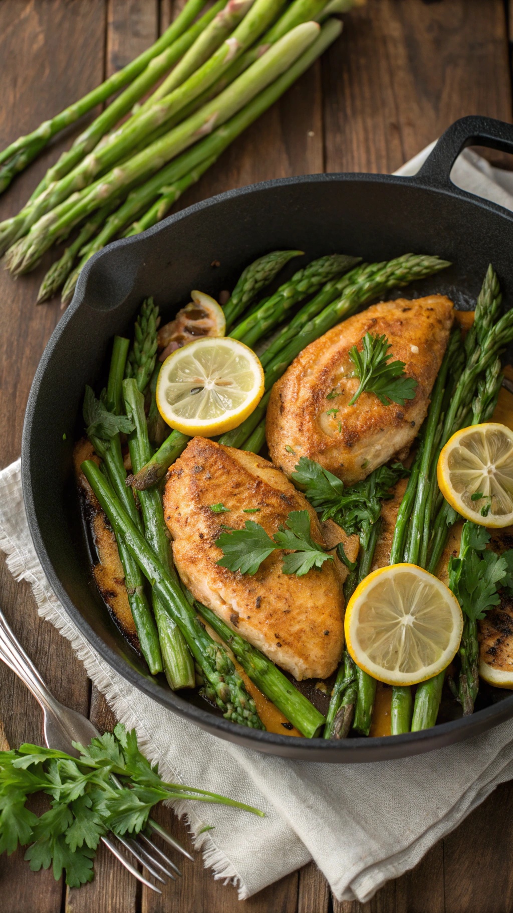 One-Pan Lemon Garlic Chicken and Asparagus with lemon slices and fresh parsley