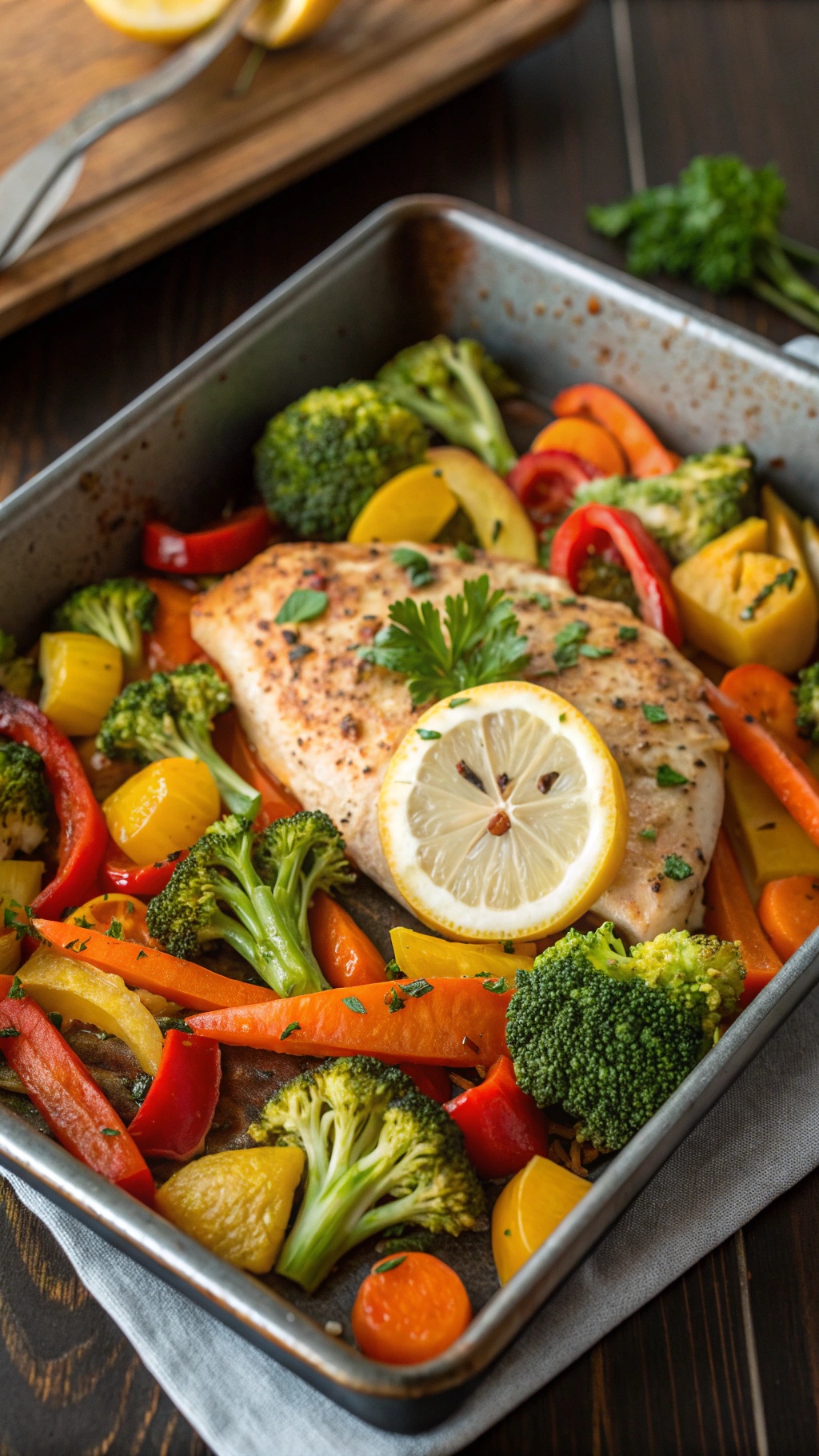 One-Pan Lemon Garlic Chicken and Veggies with colorful vegetables and a lemon slice on top.