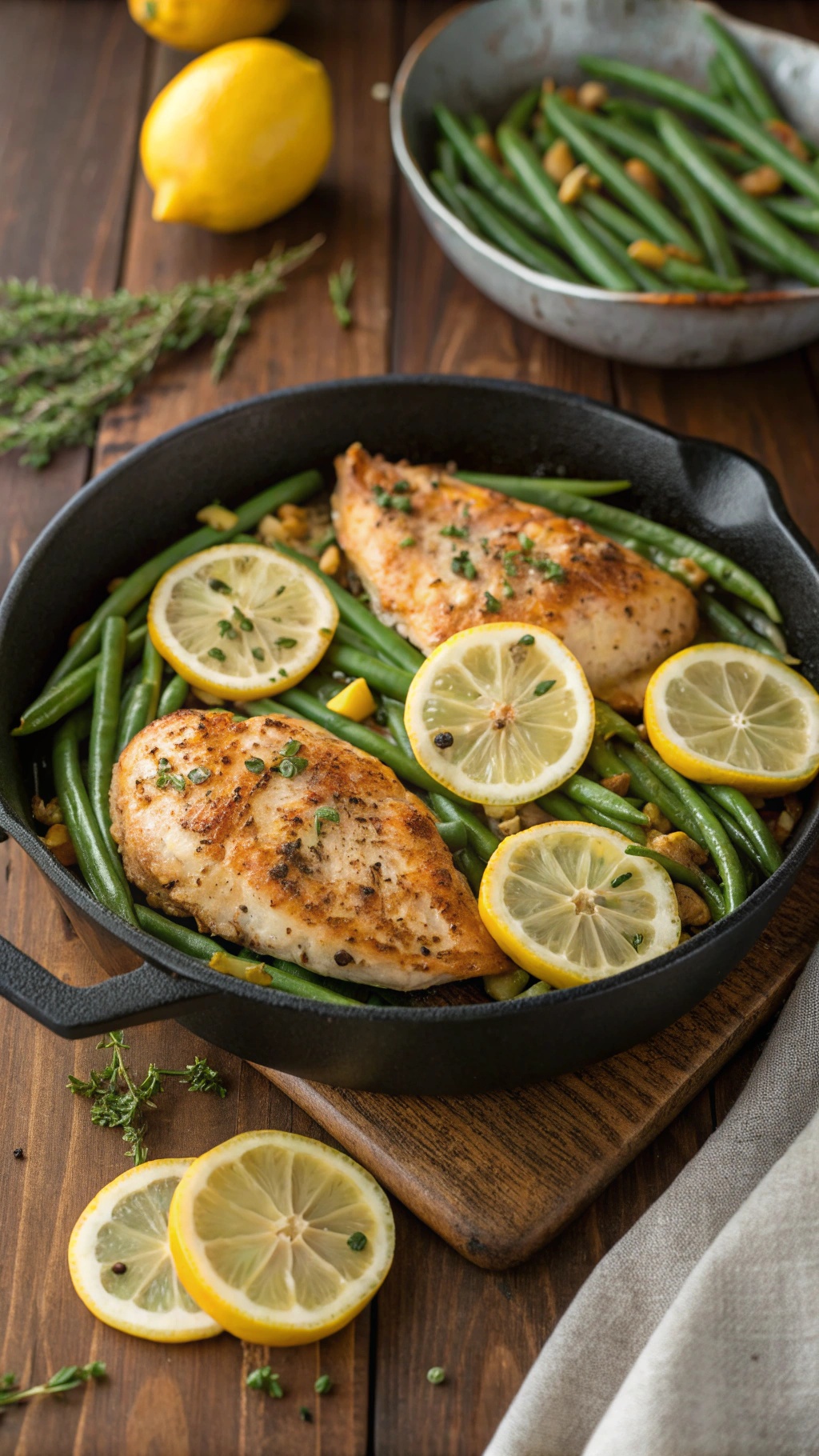 A delicious one-pan lemon garlic chicken dish with green beans and lemon slices.