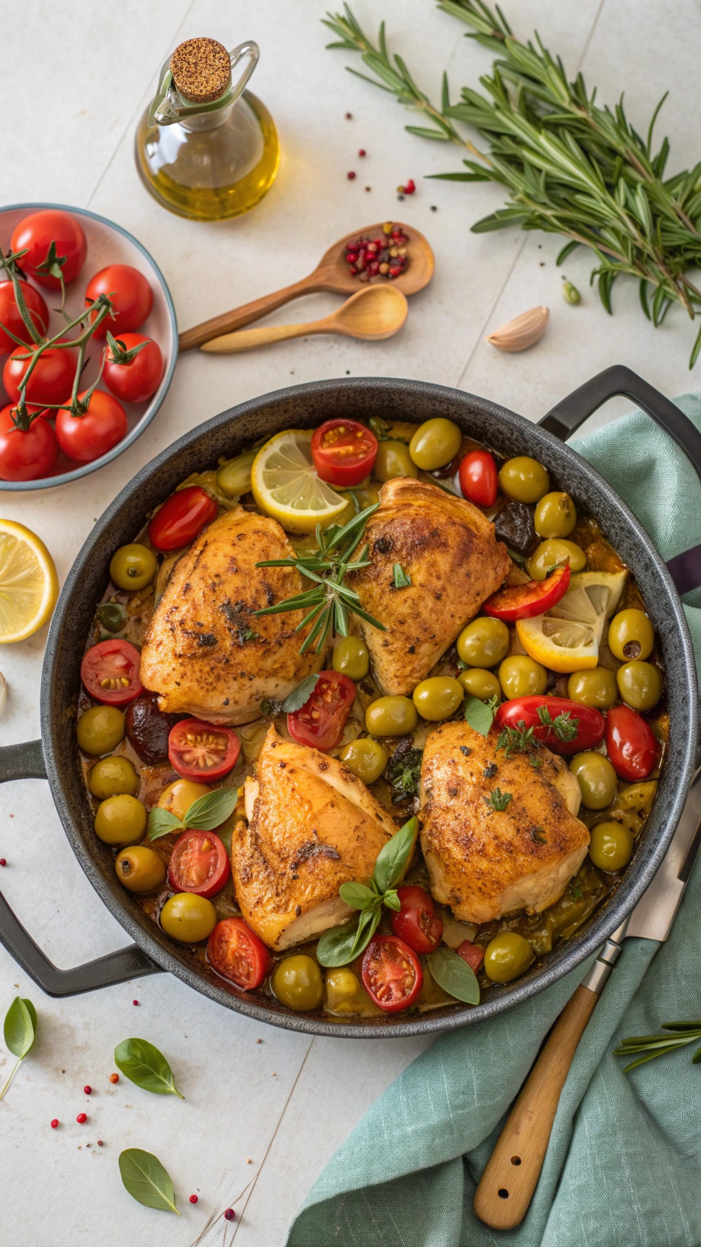 A delicious One-Pan Mediterranean Chicken Bake with chicken breasts, cherry tomatoes, olives, and lemon slices.