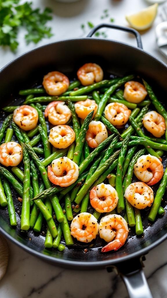 A colorful one-pan dish featuring shrimp and asparagus, cooked together with garlic and lemon.