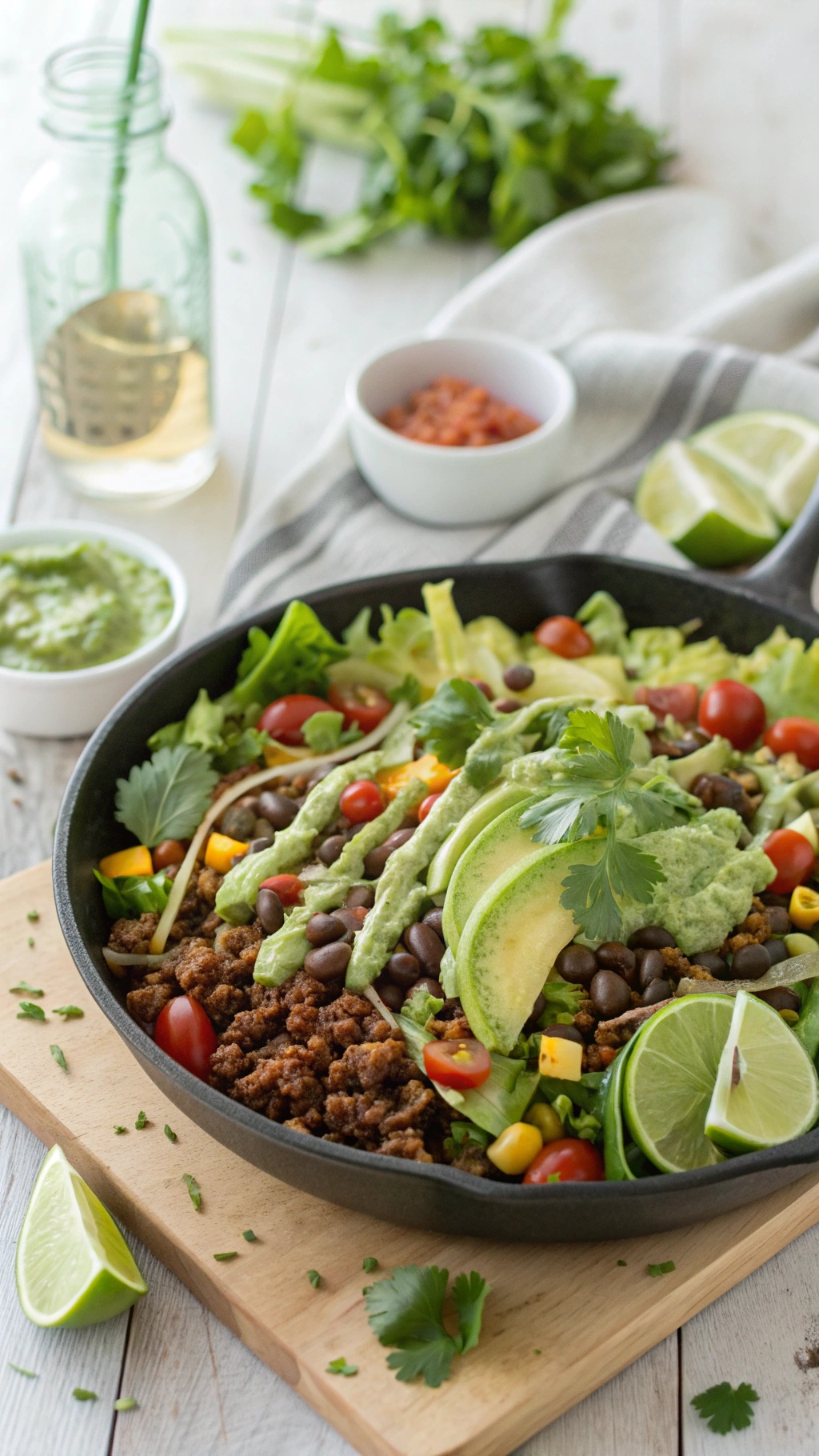 A colorful one-pan taco salad skillet with ground meat, black beans, corn, lettuce, tomatoes, avocado, and cilantro lime dressing.