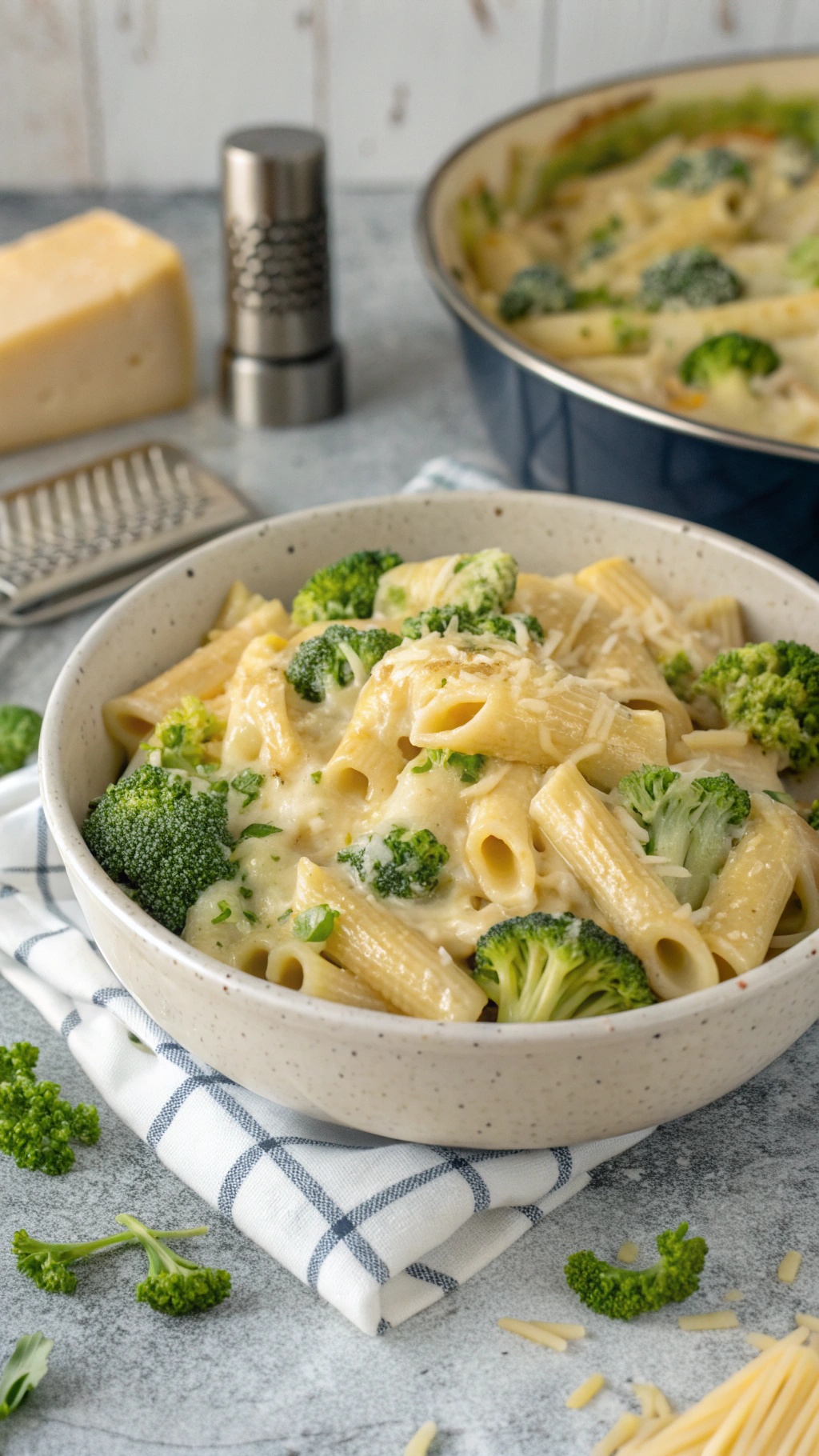 A bowl of creamy one-pot cheesy broccoli pasta with broccoli florets and grated cheese on top.