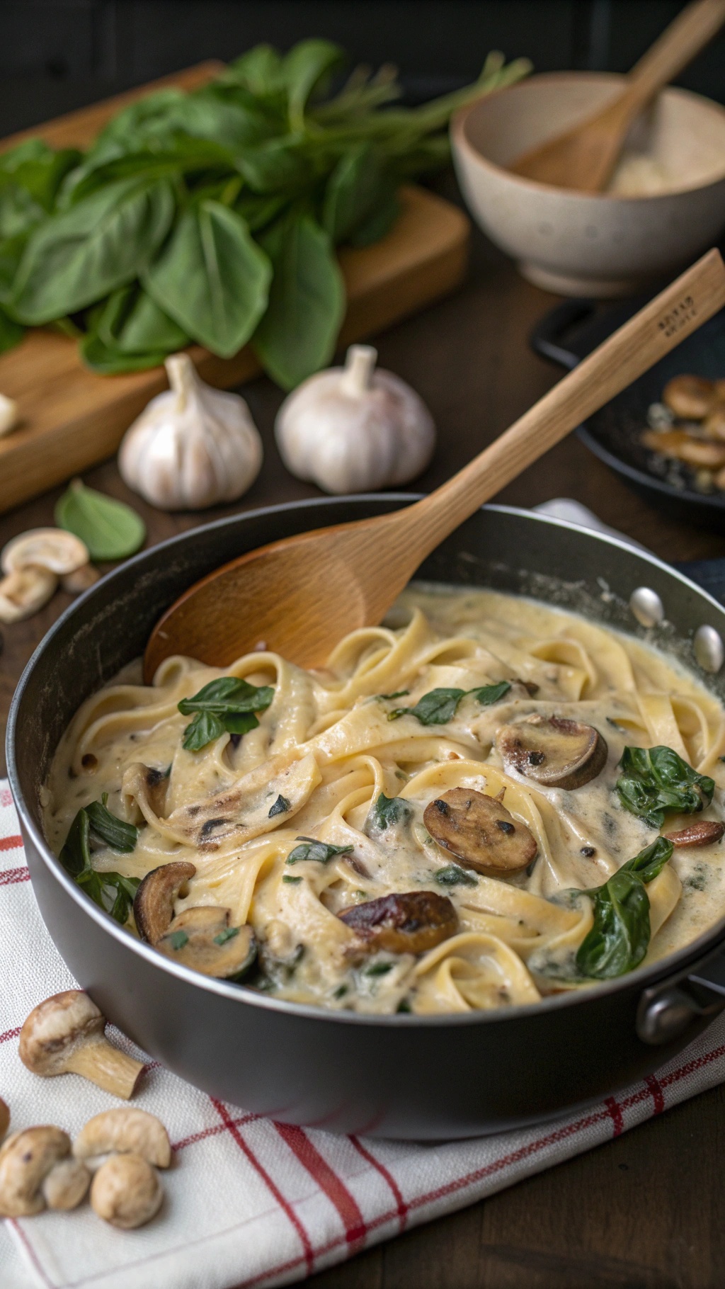 A pot of creamy spinach and mushroom pasta with garlic, garnished with fresh spinach leaves.