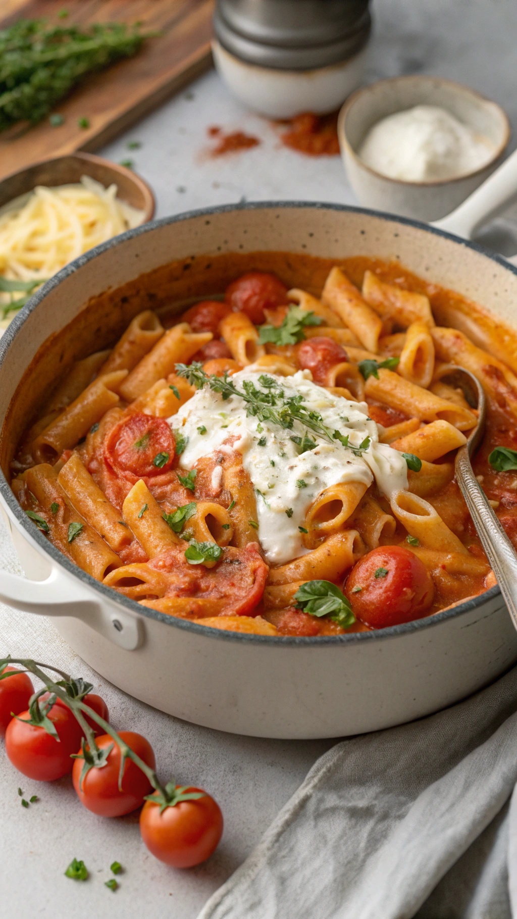 A pot of creamy tomato pasta with fresh herbs and cherry tomatoes, ready to serve.
