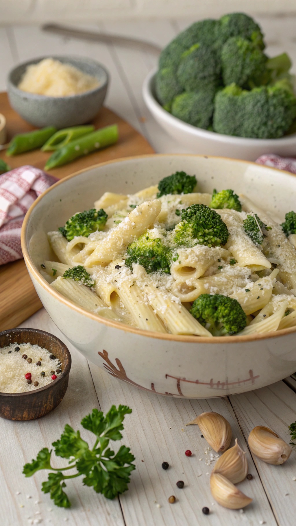 A bowl of garlic parmesan pasta with broccoli, garnished with parsley and surrounded by garlic cloves and spices.