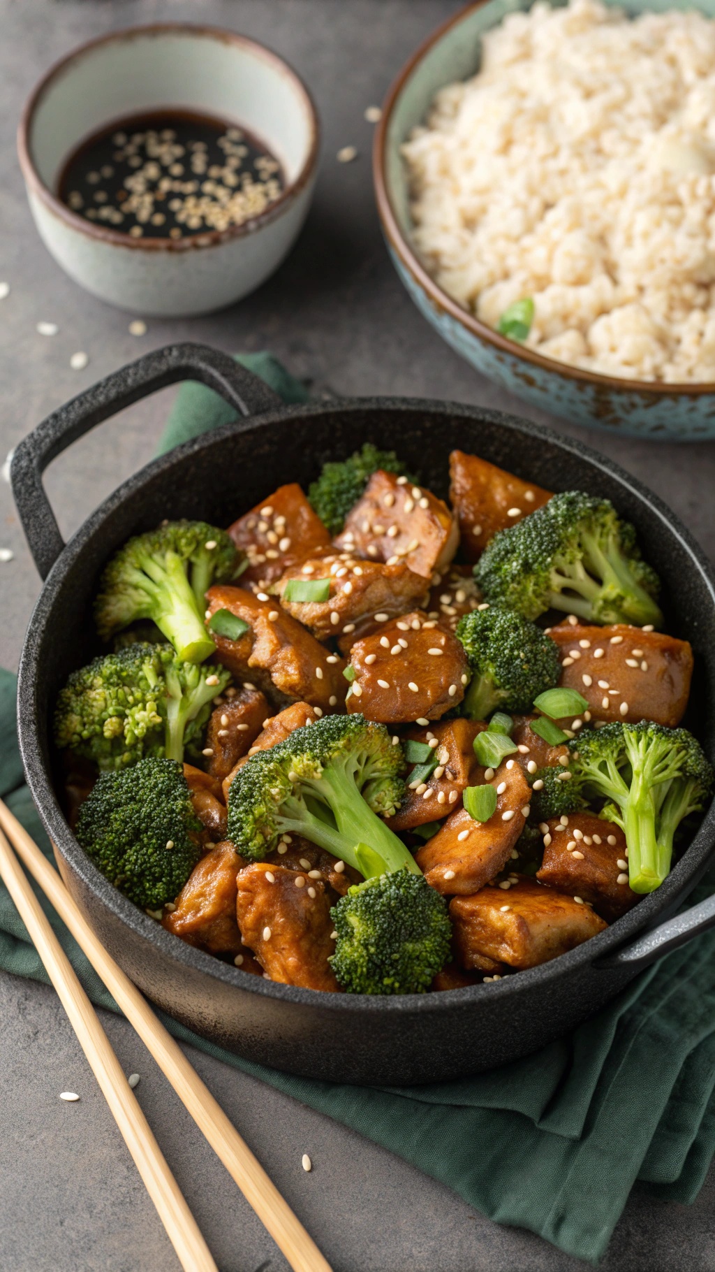A pot of teriyaki chicken and broccoli with rice, garnished with sesame seeds and green onions.