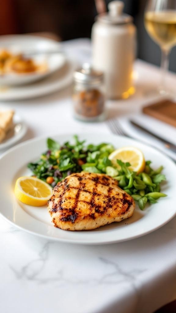 A plate of grilled fish with salad and lemon wedges on a table