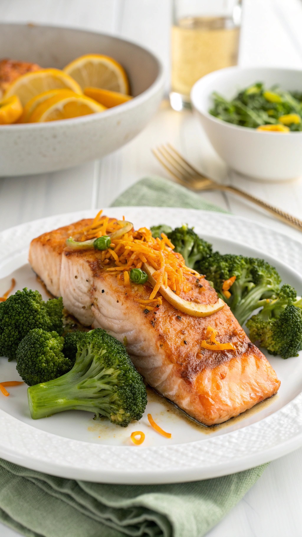 A plate of Orange Ginger Salmon with broccoli, garnished with orange zest and served with a side salad.