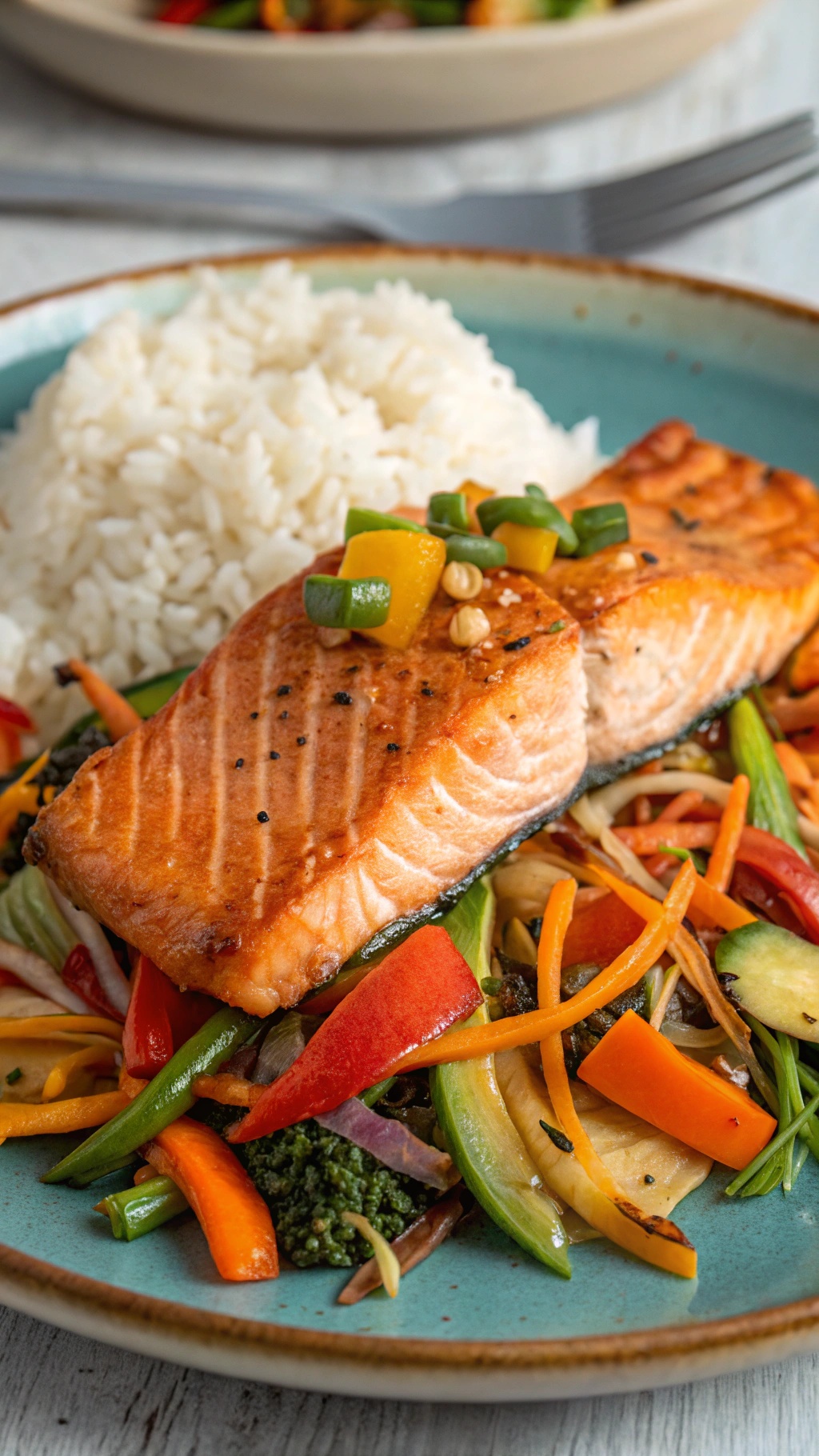 A plate of orange ginger salmon with stir-fried vegetables and rice